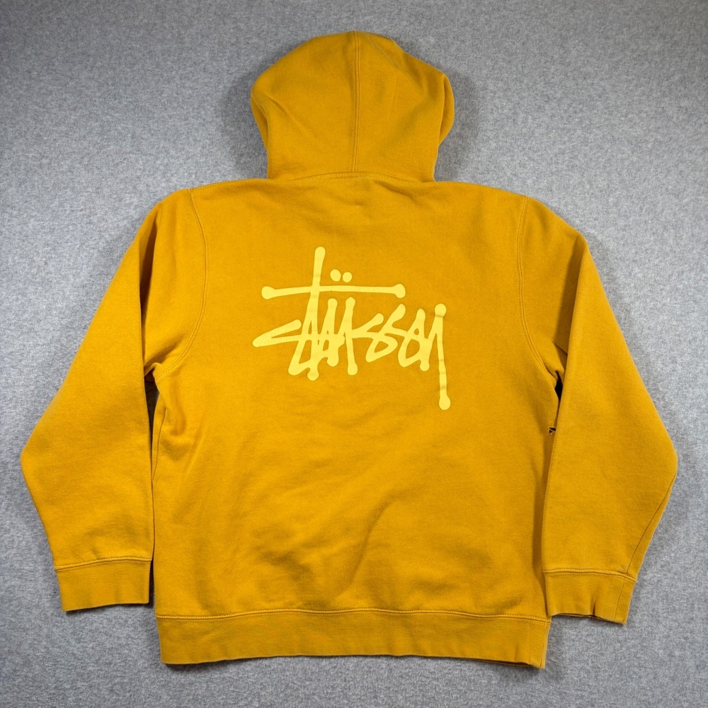 Stussy Hoodie Mens Large Yellow Big Logo Graphic Pullover Sweatshirt Streetwear